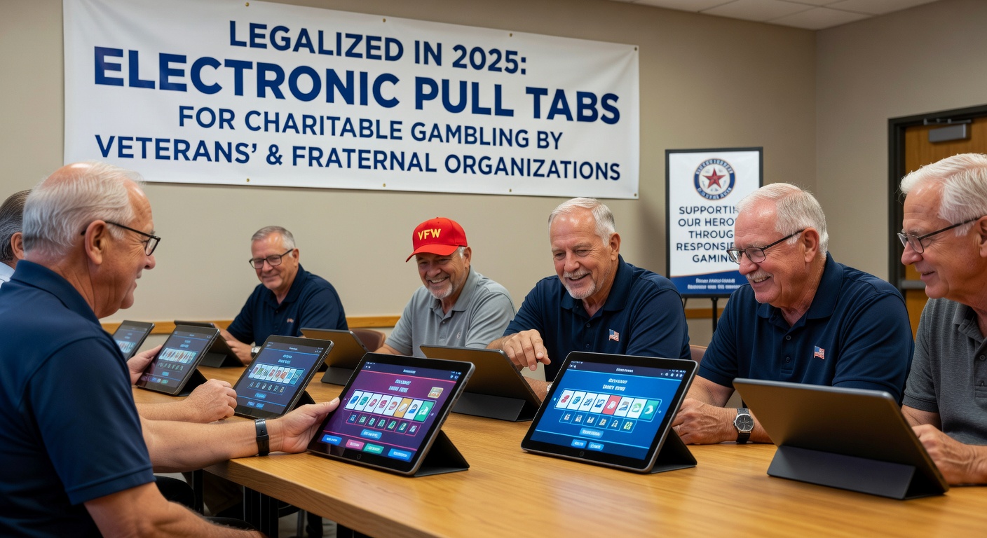 Close-up of an electronic pull tab interface displaying winning combinations, with players in the background at a fraternal organization event