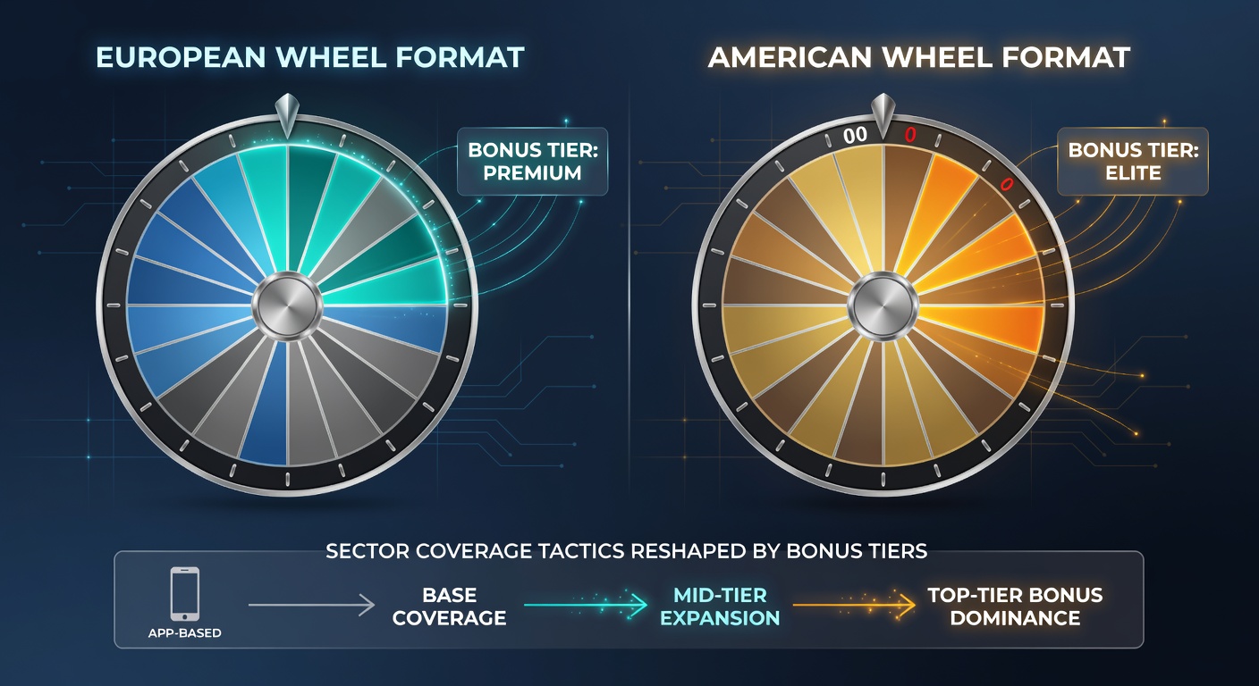 Comparison chart of sector betting patterns on European versus American wheels under different bonus tiers