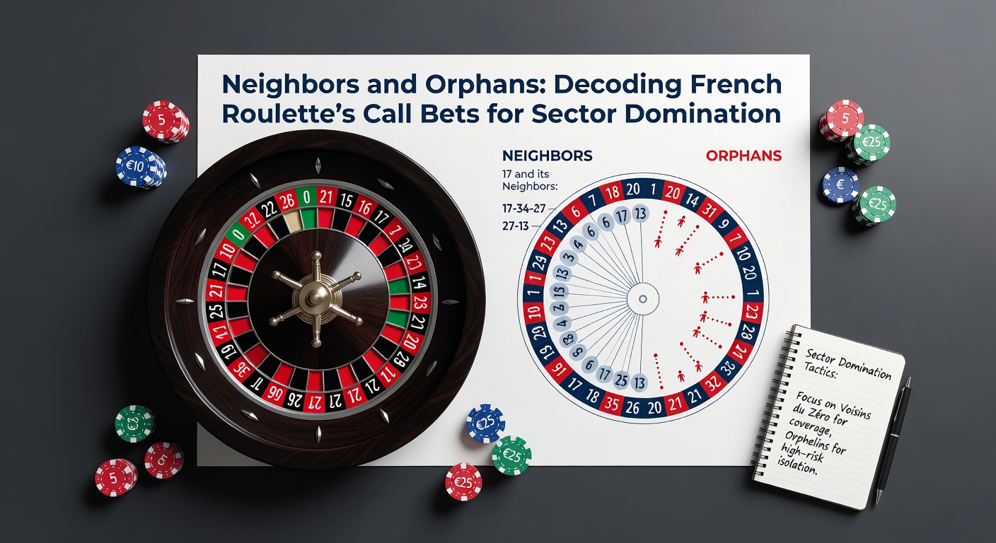 French Roulette wheel layout highlighting Neighbors of Zero and Orphelins sectors with numbered chips placed strategically